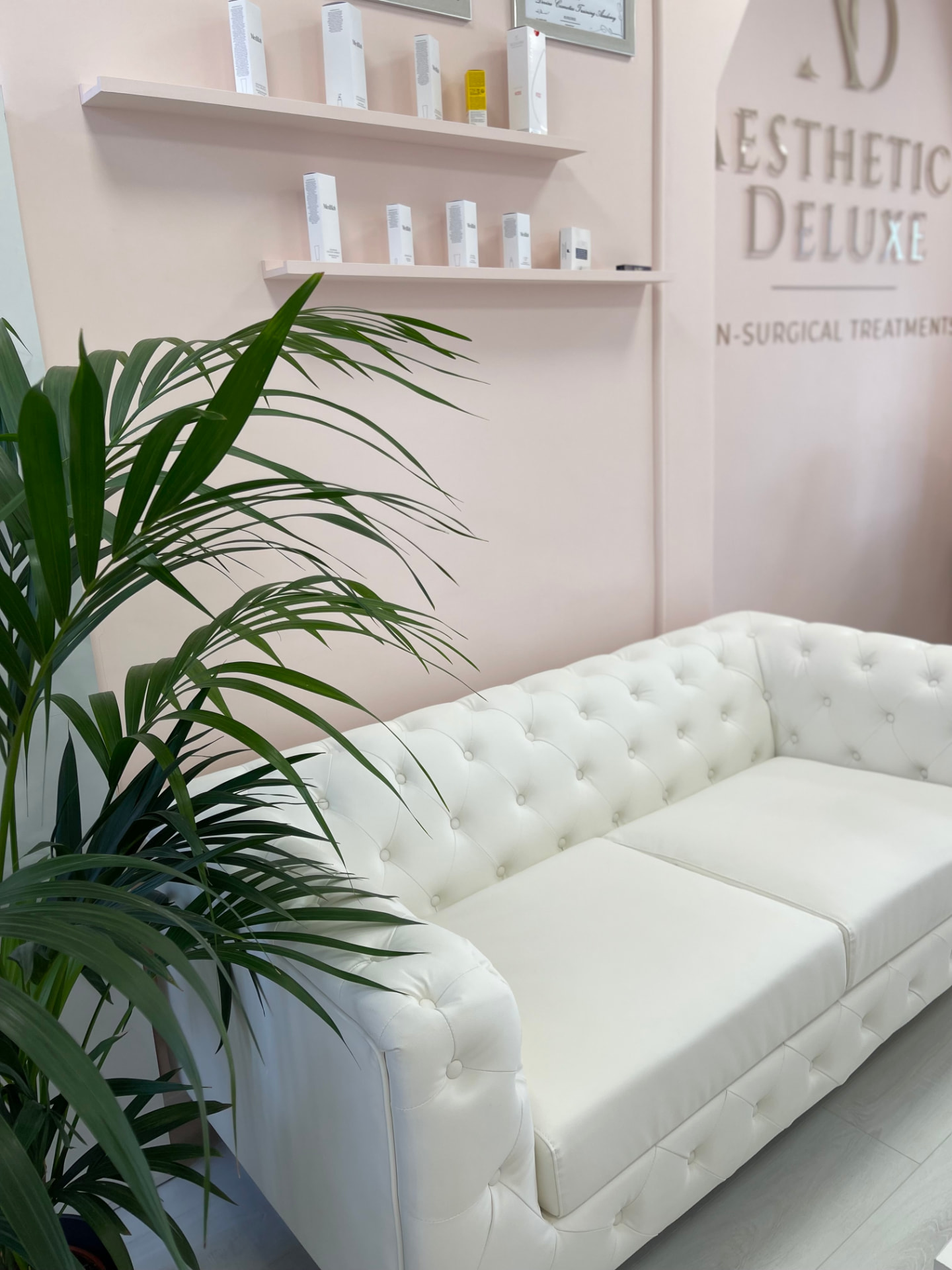 Aesthetics Deluxe studio interior with a white buttoned sofa, blush pink walls and skincare shelving